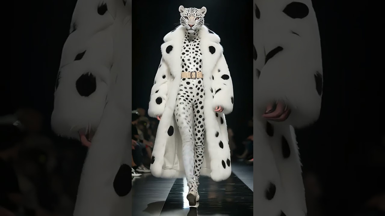 Snow-Leopard-Head Humanoid Model Walking on Runway